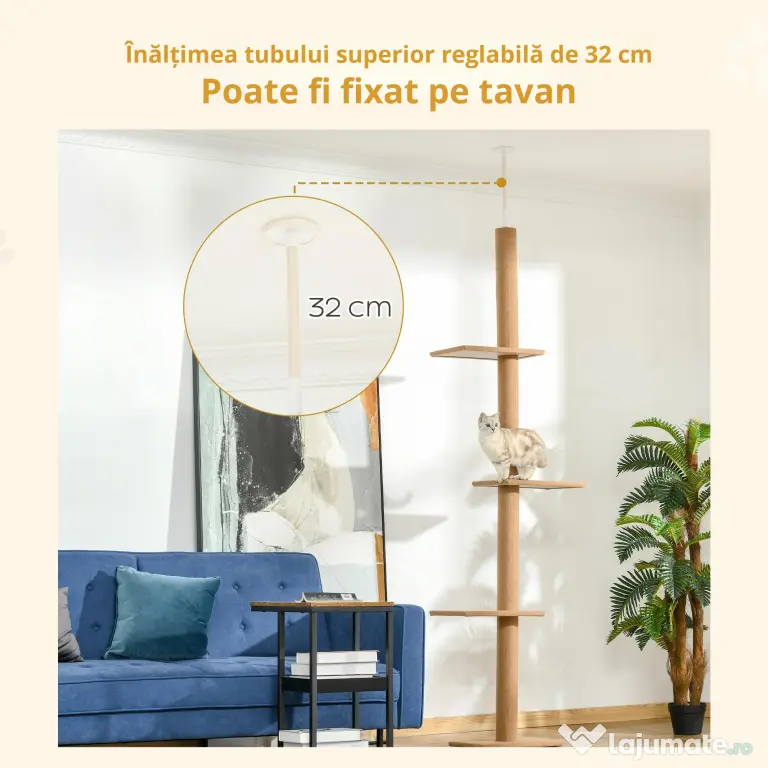 PawHut Coloană de Zgâriat Reglabilă pe 4 Nivele, Tapițată, 43x27x228-260cm, Gri | Aosom Romania