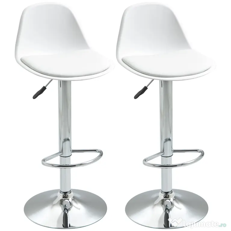 Set de 2 scaune de bar cu spatar si suport picioare, pivotante cu inaltime reglabila, 40x42x82-104cm, alb HOMCOM | Aosom Romania