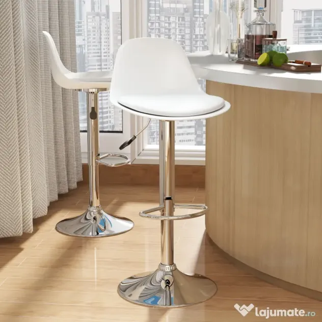 Set de 2 scaune de bar cu spatar si suport picioare, pivotante cu inaltime reglabila, 40x42x82-104cm, alb HOMCOM | Aosom Romania