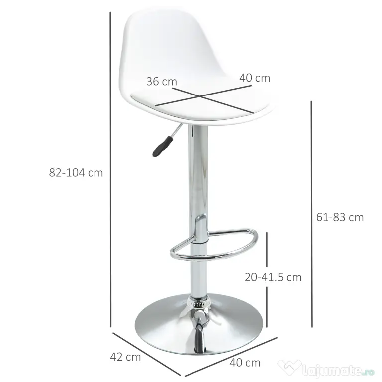 Set de 2 scaune de bar cu spatar si suport picioare, pivotante cu inaltime reglabila, 40x42x82-104cm, alb HOMCOM | Aosom Romania