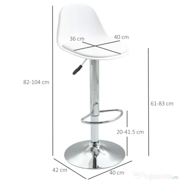 Set de 2 scaune de bar cu spatar si suport picioare, pivotante cu inaltime reglabila, 40x42x82-104cm, alb HOMCOM | Aosom Romania