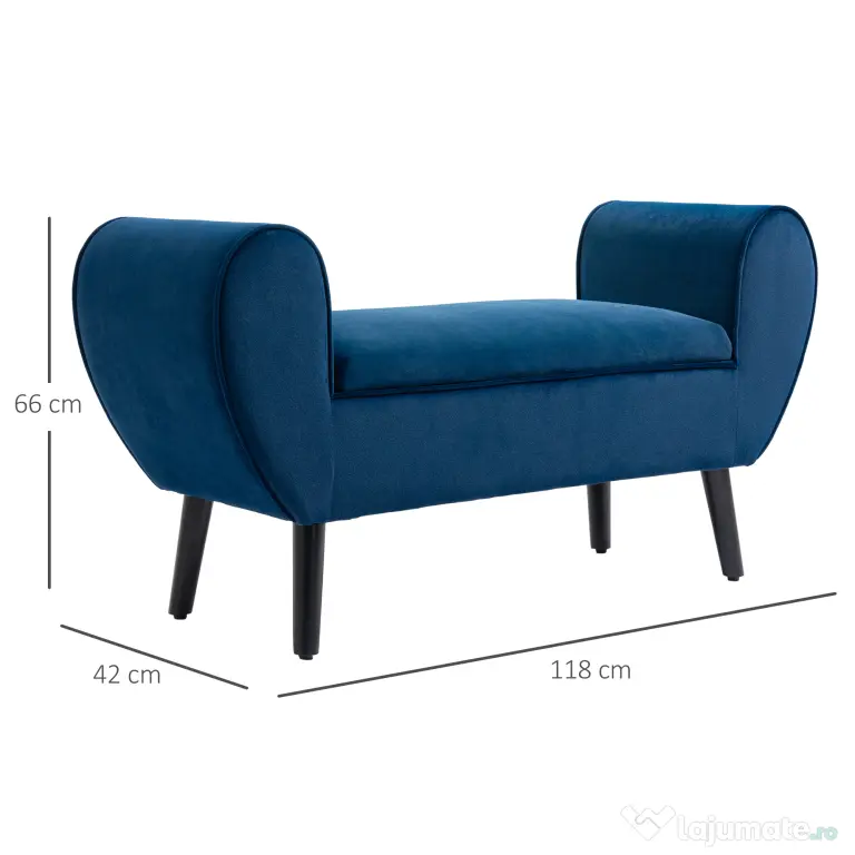 Banca Depozitare Capitonata HOMCOM, Banca Capatul patului din Tesatura Catifelata cu Cotiere, 118x42x66cm, Albastru inchis | Aosom Romania