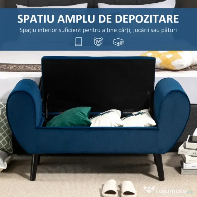 Banca Depozitare Capitonata HOMCOM, Banca Capatul patului din Tesatura Catifelata cu Cotiere, 118x42x66cm, Albastru inchis | Aosom Romania