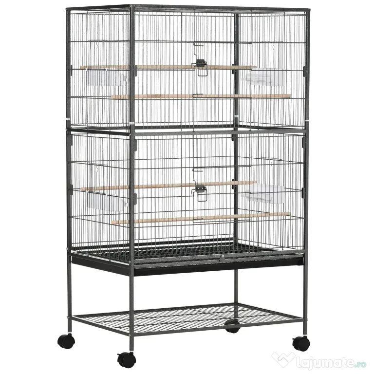 Cusca papagali de Interior din Otel si Lemn cu Tavă Detasabila, 4 Roți, Recipient pentru Alimente 78x52x132cm, Gri Inchis PawHut | Aosom Romania