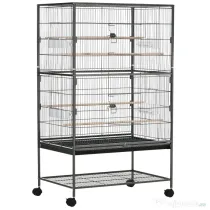 Cusca papagali de Interior din Otel si Lemn cu Tavă Detasabila, 4 Roți, Recipient pentru Alimente 78x52x132cm, Gri Inchis PawHut | Aosom Romania