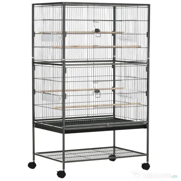 Cusca papagali de Interior din Otel si Lemn cu Tavă Detasabila, 4 Roți, Recipient pentru Alimente 78x52x132cm, Gri Inchis PawHut | Aosom Romania