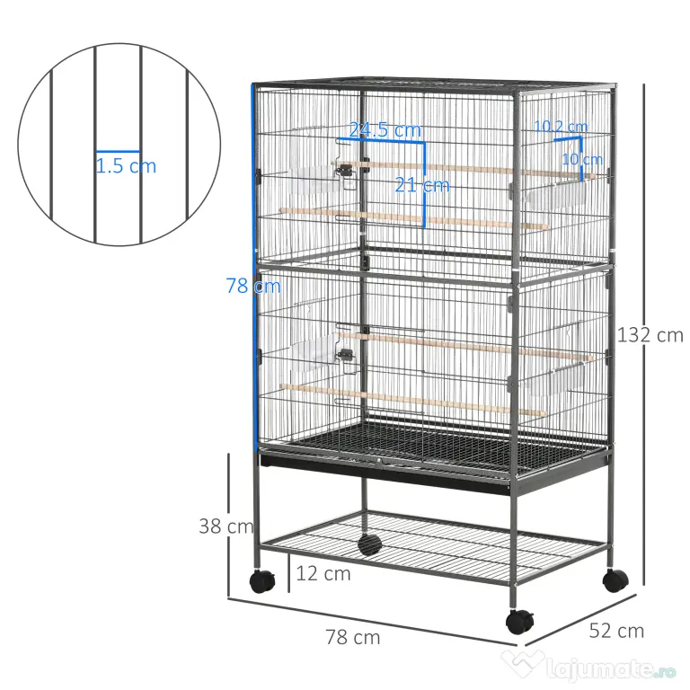 Cusca papagali de Interior din Otel si Lemn cu Tavă Detasabila, 4 Roți, Recipient pentru Alimente 78x52x132cm, Gri Inchis PawHut | Aosom Romania