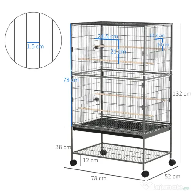 Cusca papagali de Interior din Otel si Lemn cu Tavă Detasabila, 4 Roți, Recipient pentru Alimente 78x52x132cm, Gri Inchis PawHut | Aosom Romania