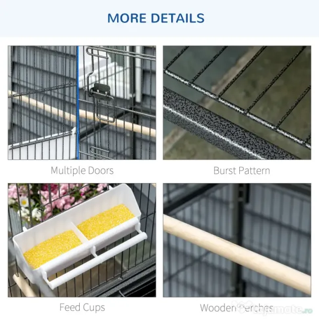 Cusca papagali de Interior din Otel si Lemn cu Tavă Detasabila, 4 Roți, Recipient pentru Alimente 78x52x132cm, Gri Inchis PawHut | Aosom Romania
