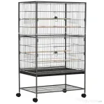 PawHut Cusca pentru Pasari de Interior din Otel si Lemn cu Tavă Detasabila, 4 Roți, Trepied si Recipient pentru Alimente, 78x52x132cm, Gri Inchis