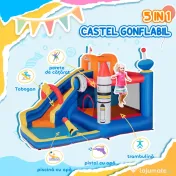 Outsunny Castel Gonflabil 5-în-1 Model Narval, Centru de Joacă cu Tobogan, Trambulină, Perete de Cățărat și Piscină cu Bile, include Suflantă, pentru Copii 3-8 Ani 