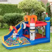 Outsunny Castel Gonflabil 5-în-1 Model Narval, Centru de Joacă cu Tobogan, Trambulină, Perete de Cățărat și Piscină cu Bile, include Suflantă, pentru Copii 3-8 Ani 