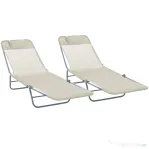 Outsunny Set de 2 Sezlonguri pentru Plaja Pliabile cu Spatar Rabatabil pe 5 Niveluri, Sezlong de Gradina din Otel si Tesatura Plasa, Bej