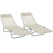 Outsunny Set de 2 Sezlonguri pentru Plaja Pliabile cu Spatar Rabatabil pe 5 Niveluri, Sezlong de Gradina din Otel si Tesatura Plasa, Bej 