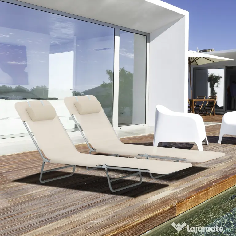 Outsunny Set de 2 Șezlonguri Pliabile pentru Plajă cu Spătar Rabatabil pe 4 Niveluri, Șezlong de Grădină, 137x56x82 cm, Bej | Aosom Romania