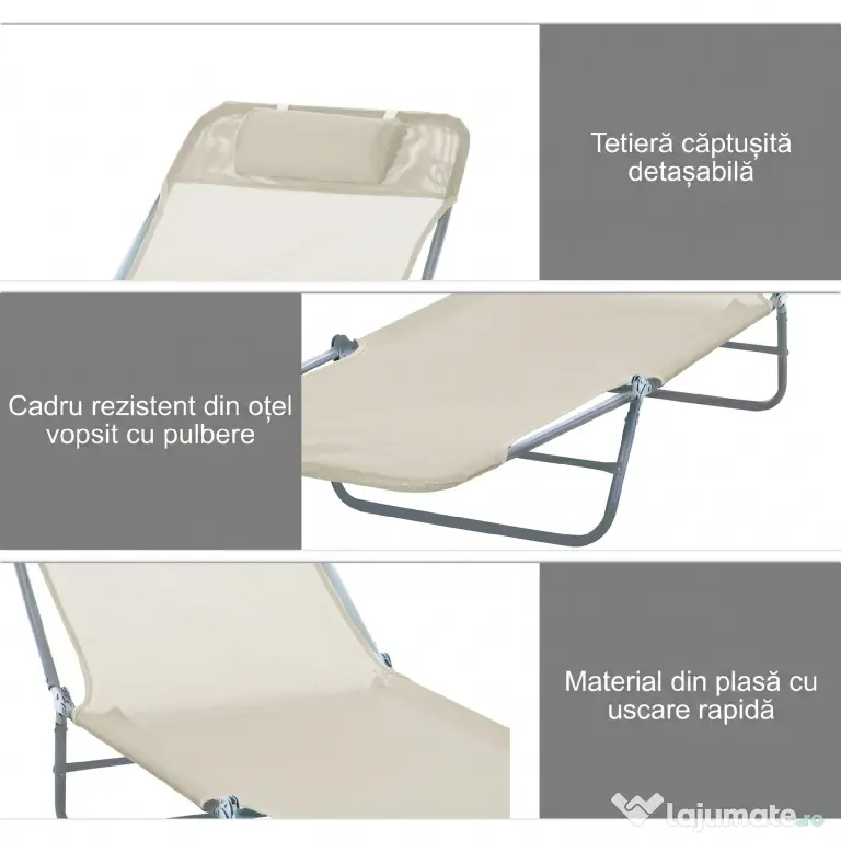 Outsunny Set de 2 Șezlonguri Pliabile pentru Plajă cu Spătar Rabatabil pe 4 Niveluri, Șezlong de Grădină, 137x56x82 cm, Bej | Aosom Romania