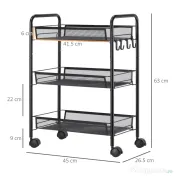 HOMCOM Carucior de bucatarie cu 3 niveluri cu cosuri detasabile si 4 roti, otel si plastic PP, 45Lx26,5x63cm, Negru 