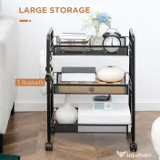 HOMCOM Carucior de bucatarie cu 3 niveluri cu cosuri detasabile si 4 roti, otel si plastic PP, 45Lx26,5x63cm, Negru 
