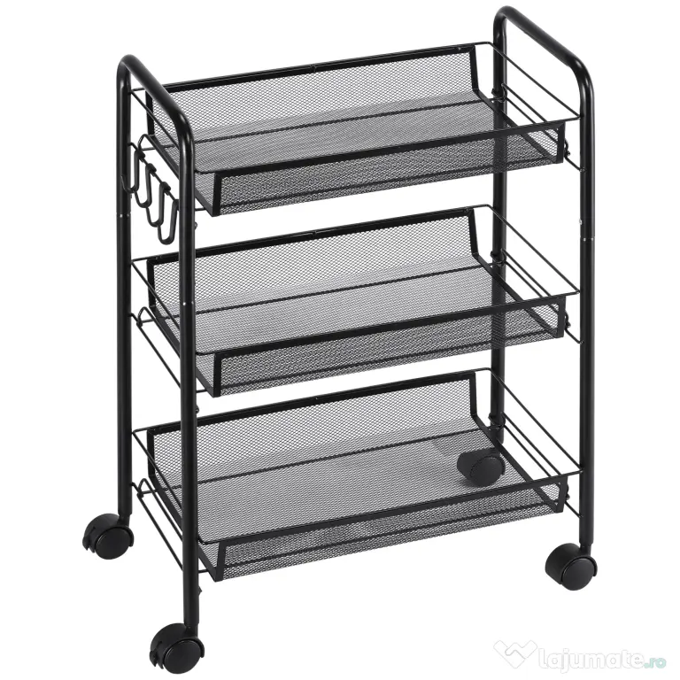 HOMCOM Cărucior de Bucătărie Multifuncțional cu 3 Niveluri, Coșuri Detașabile, 4 Roți, Oțel și Plastic PP, 45Lx26,5x63cm, Negru | Aosom Romania