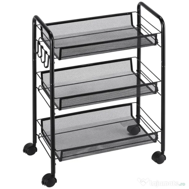 HOMCOM Cărucior de Bucătărie Multifuncțional cu 3 Niveluri, Coșuri Detașabile, 4 Roți, Oțel și Plastic PP, 45Lx26,5x63cm, Negru | Aosom Romania