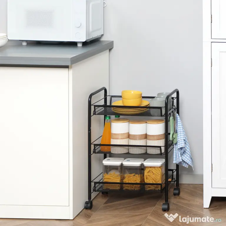 HOMCOM Cărucior de Bucătărie Multifuncțional cu 3 Niveluri, Coșuri Detașabile, 4 Roți, Oțel și Plastic PP, 45Lx26,5x63cm, Negru | Aosom Romania