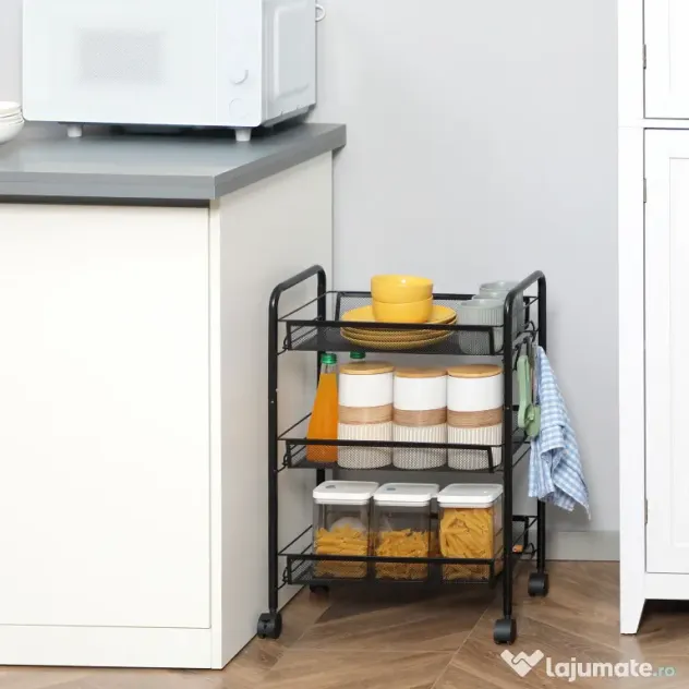 HOMCOM Cărucior de Bucătărie Multifuncțional cu 3 Niveluri, Coșuri Detașabile, 4 Roți, Oțel și Plastic PP, 45Lx26,5x63cm, Negru | Aosom Romania
