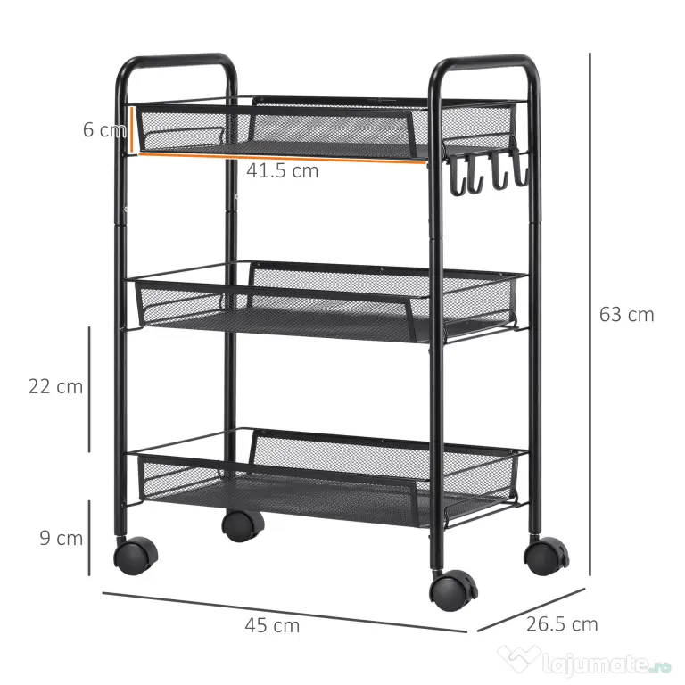 HOMCOM Cărucior de Bucătărie Multifuncțional cu 3 Niveluri, Coșuri Detașabile, 4 Roți, Oțel și Plastic PP, 45Lx26,5x63cm, Negru | Aosom Romania
