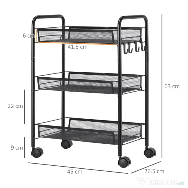 HOMCOM Cărucior de Bucătărie Multifuncțional cu 3 Niveluri, Coșuri Detașabile, 4 Roți, Oțel și Plastic PP, 45Lx26,5x63cm, Negru | Aosom Romania
