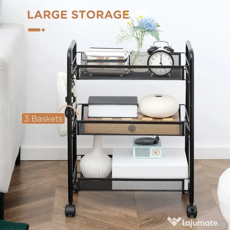 HOMCOM Cărucior de Bucătărie Multifuncțional cu 3 Niveluri, Coșuri Detașabile, 4 Roți, Oțel și Plastic PP, 45Lx26,5x63cm, Negru | Aosom Romania