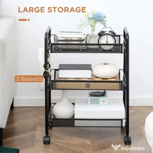 HOMCOM Cărucior de Bucătărie Multifuncțional cu 3 Niveluri, Coșuri Detașabile, 4 Roți, Oțel și Plastic PP, 45Lx26,5x63cm, Negru | Aosom Romania