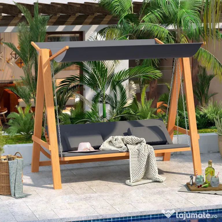 Outsunny Balansoar de Grădină pentru 3 Persoane, Design Modern cu Structură Gri și Teck, Confortabil, 225.5x113x180 cm | Aosom Romania