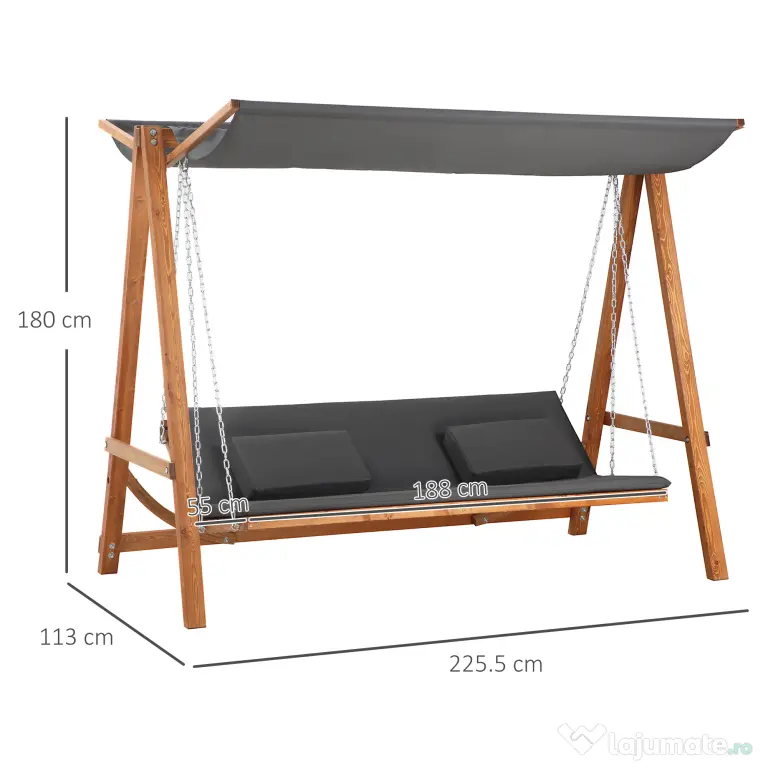 Outsunny Balansoar de Grădină pentru 3 Persoane, Design Modern cu Structură Gri și Teck, Confortabil, 225.5x113x180 cm | Aosom Romania