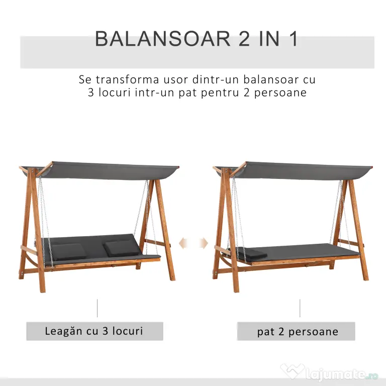 Outsunny Balansoar de Grădină pentru 3 Persoane, Design Modern cu Structură Gri și Teck, Confortabil, 225.5x113x180 cm | Aosom Romania