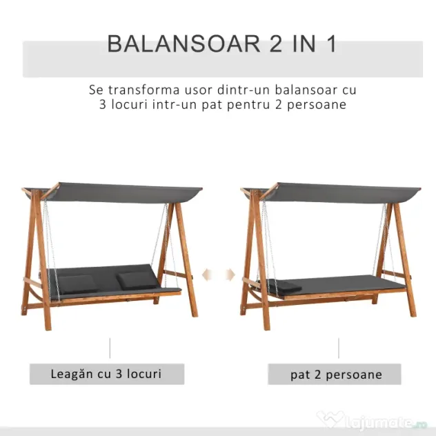 Outsunny Balansoar de Grădină pentru 3 Persoane, Design Modern cu Structură Gri și Teck, Confortabil, 225.5x113x180 cm | Aosom Romania