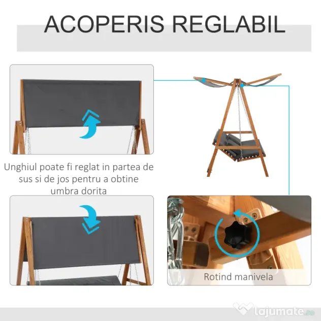 Outsunny Balansoar de Grădină pentru 3 Persoane, Design Modern cu Structură Gri și Teck, Confortabil, 225.5x113x180 cm | Aosom Romania