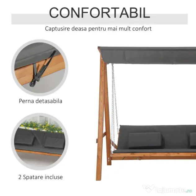 Outsunny Balansoar de Grădină pentru 3 Persoane, Design Modern cu Structură Gri și Teck, Confortabil, 225.5x113x180 cm | Aosom Romania