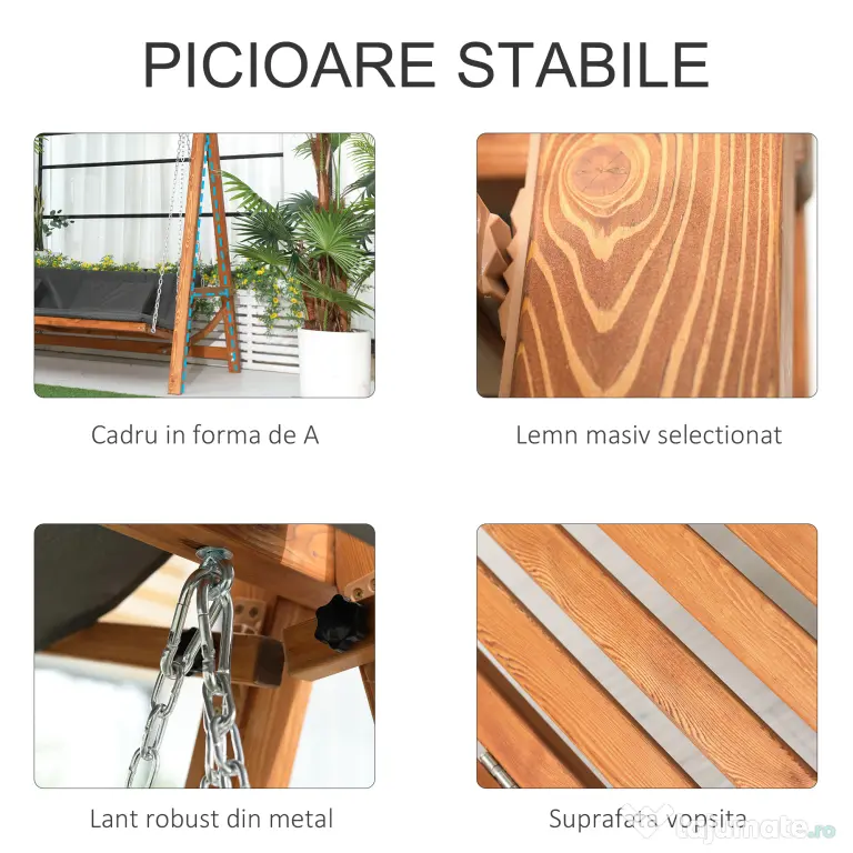 Outsunny Balansoar de Grădină pentru 3 Persoane, Design Modern cu Structură Gri și Teck, Confortabil, 225.5x113x180 cm | Aosom Romania