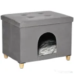 PawHut Căsuță pentru Pisici, Pouf Taburet Tapițat cu Pernă Detasabilă și Lavabilă, Gri