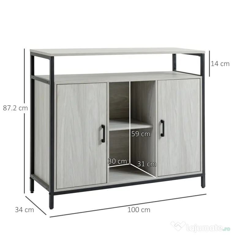 HOMCOM Comodă Modernă din Lemn cu Rafturi și Dulap, Design Anti-Inclinare, MDF și Oțel, Gri Deschis, 100x34x87.2cm | Aosom Romania