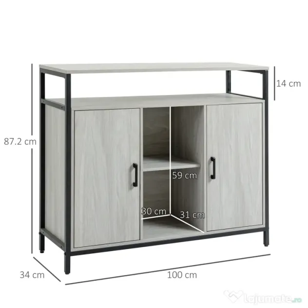 HOMCOM Comodă Modernă din Lemn cu Rafturi și Dulap, Design Anti-Inclinare, MDF și Oțel, Gri Deschis, 100x34x87.2cm | Aosom Romania