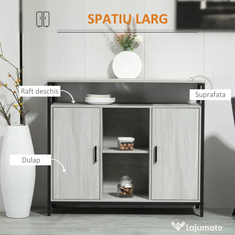 HOMCOM Comodă Modernă din Lemn cu Rafturi și Dulap, Design Anti-Inclinare, MDF și Oțel, Gri Deschis, 100x34x87.2cm | Aosom Romania