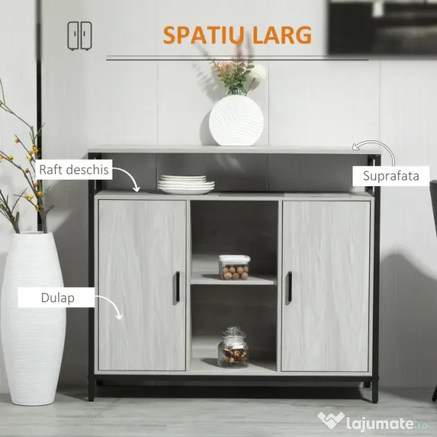 HOMCOM Comodă Modernă din Lemn cu Rafturi și Dulap, Design Anti-Inclinare, MDF și Oțel, Gri Deschis, 100x34x87.2cm | Aosom Romania
