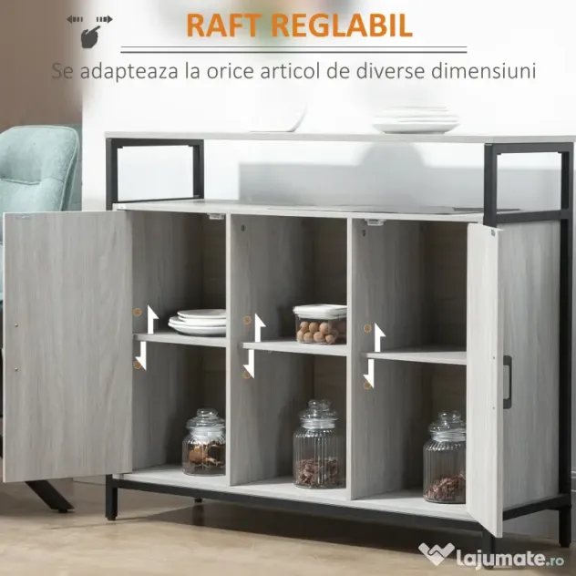 HOMCOM Comodă Modernă din Lemn cu Rafturi și Dulap, Design Anti-Inclinare, MDF și Oțel, Gri Deschis, 100x34x87.2cm | Aosom Romania