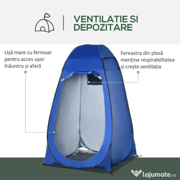Outsunny Cort de Duș pentru Camping cu Ușă cu Fermoar, Geantă de Transport și Buzunar, 126x124x189 cm, Albastru Închis | Aosom Romania
