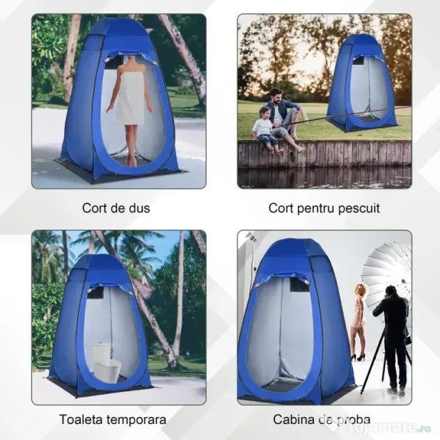 Outsunny Cort de Duș pentru Camping cu Ușă cu Fermoar, Geantă de Transport și Buzunar, 126x124x189 cm, Albastru Închis | Aosom Romania