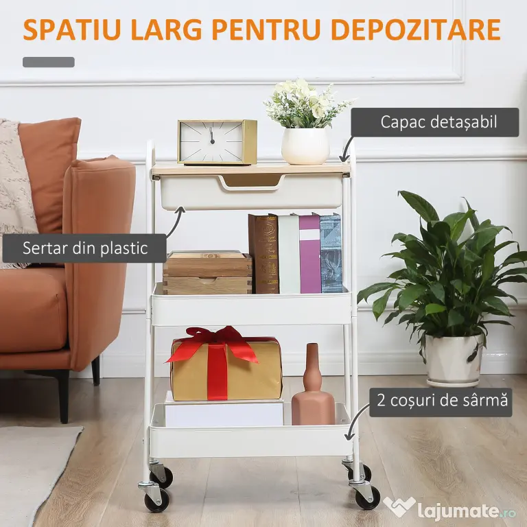 HOMCOM Masă de bucătărie cărucior de servire 2 rafturi sertar tavă aspect de lemn deschis oțel PP alb