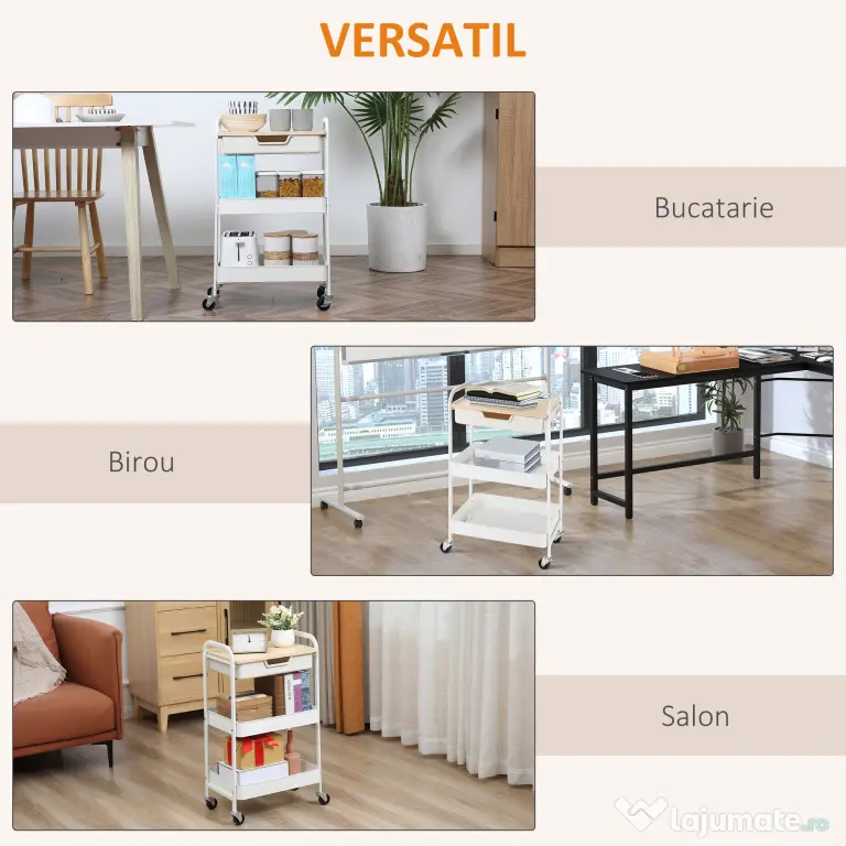 HOMCOM Masă de bucătărie cărucior de servire 2 rafturi sertar tavă aspect de lemn deschis oțel PP alb