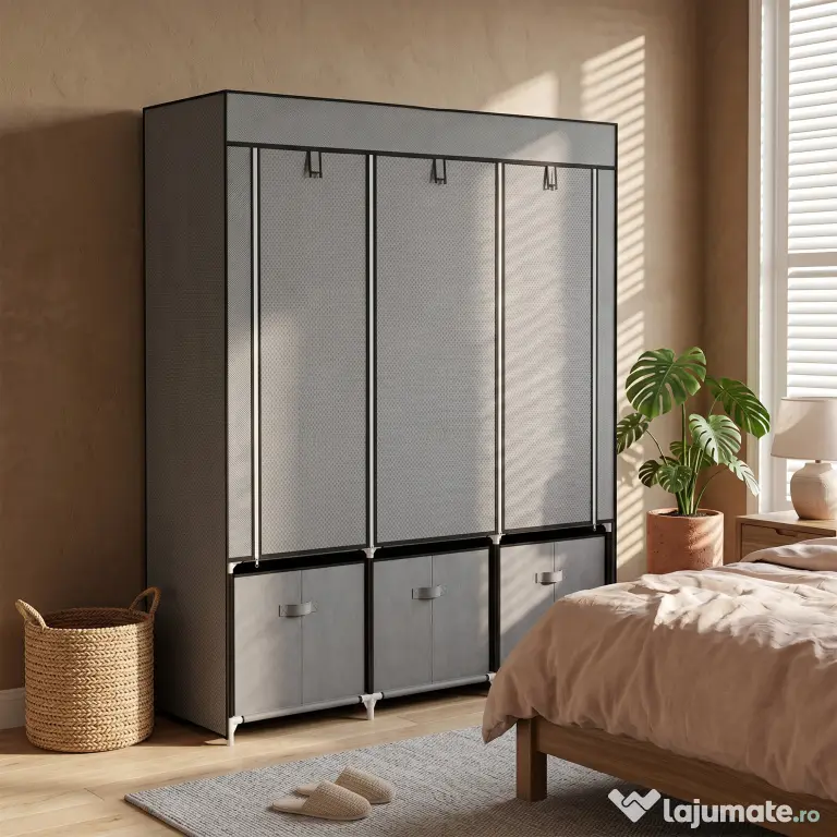 HOMCOM Șifonier din Pânză, Garderob Pliabil cu Rafturi și Sertare, Uși care se Rulează cu Fermoar, 125x43x162.5 cm, Gri | Aosom Romania
