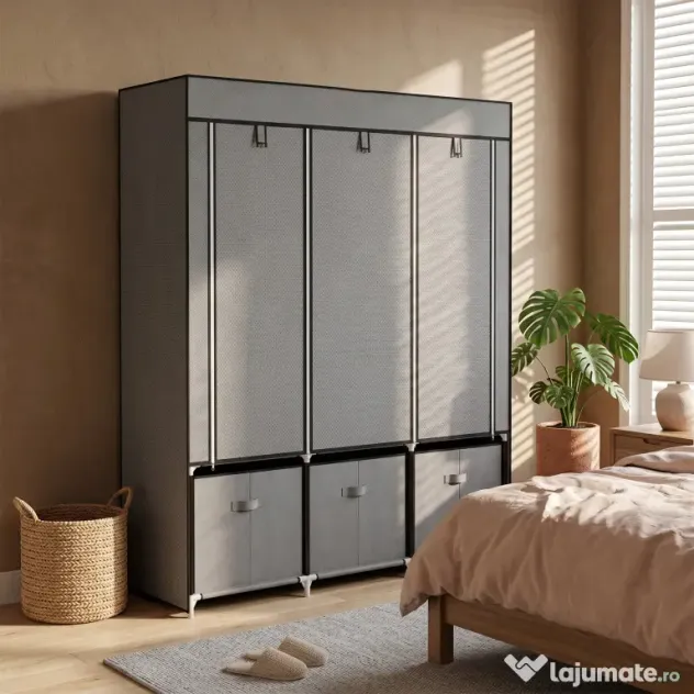 HOMCOM Șifonier din Pânză, Garderob Pliabil cu Rafturi și Sertare, Uși care se Rulează cu Fermoar, 125x43x162.5 cm, Gri | Aosom Romania
