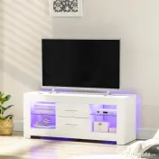 HOMCOM Comodă TV Modernă 55" cu LED RGB (12 Culori), Telecomandă Inclusă, Lemn cu Etajere din Sticlă, Dimensiune 120x40x50cm, Alb | Aosom Romania